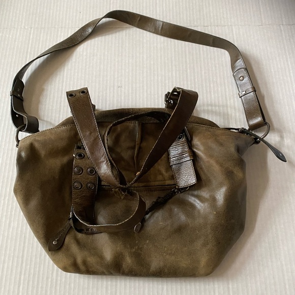 Francesco Biasia Handbags - Francesco Biasia Large Distressed Leather Satchel Crossbody Olive Green